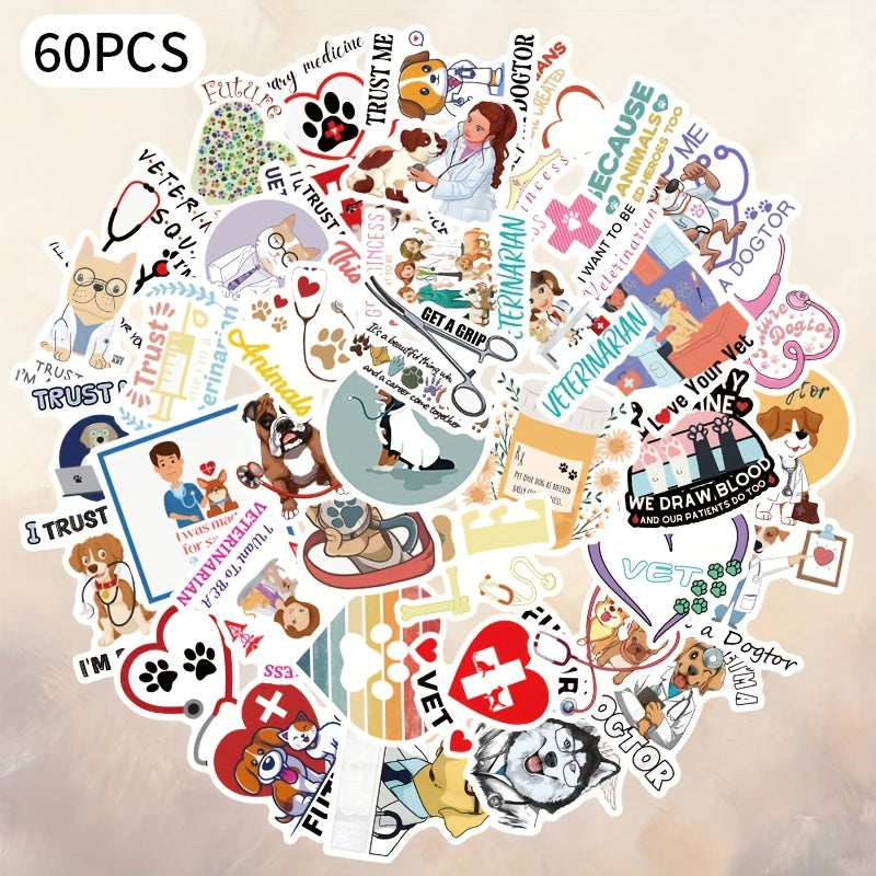60pcs Animal Vet Theme Stickers Stethoscopes Paw Prints Vinyl Stickers