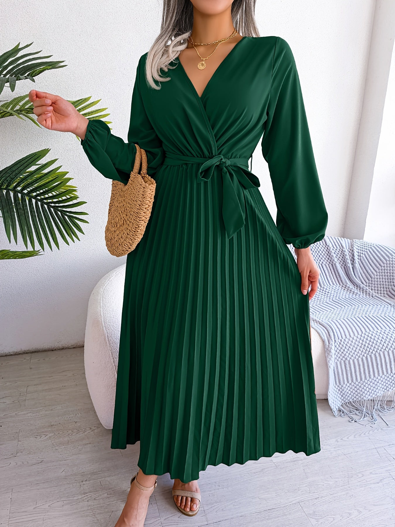 Maxi Bridesmaid Dress V Neck Lantern Sleeve Solid Dress