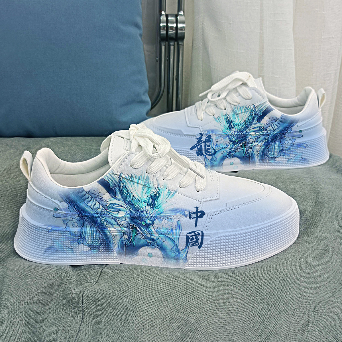 Men's Dragon Print Platform Sneakers Lace-up Skate Shoes