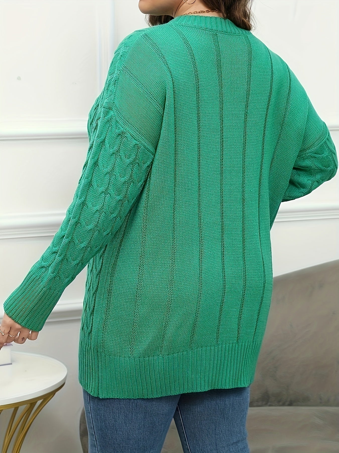  Casual Sweater Women's Solid Cable Long Sleeve Round Neck Jumper