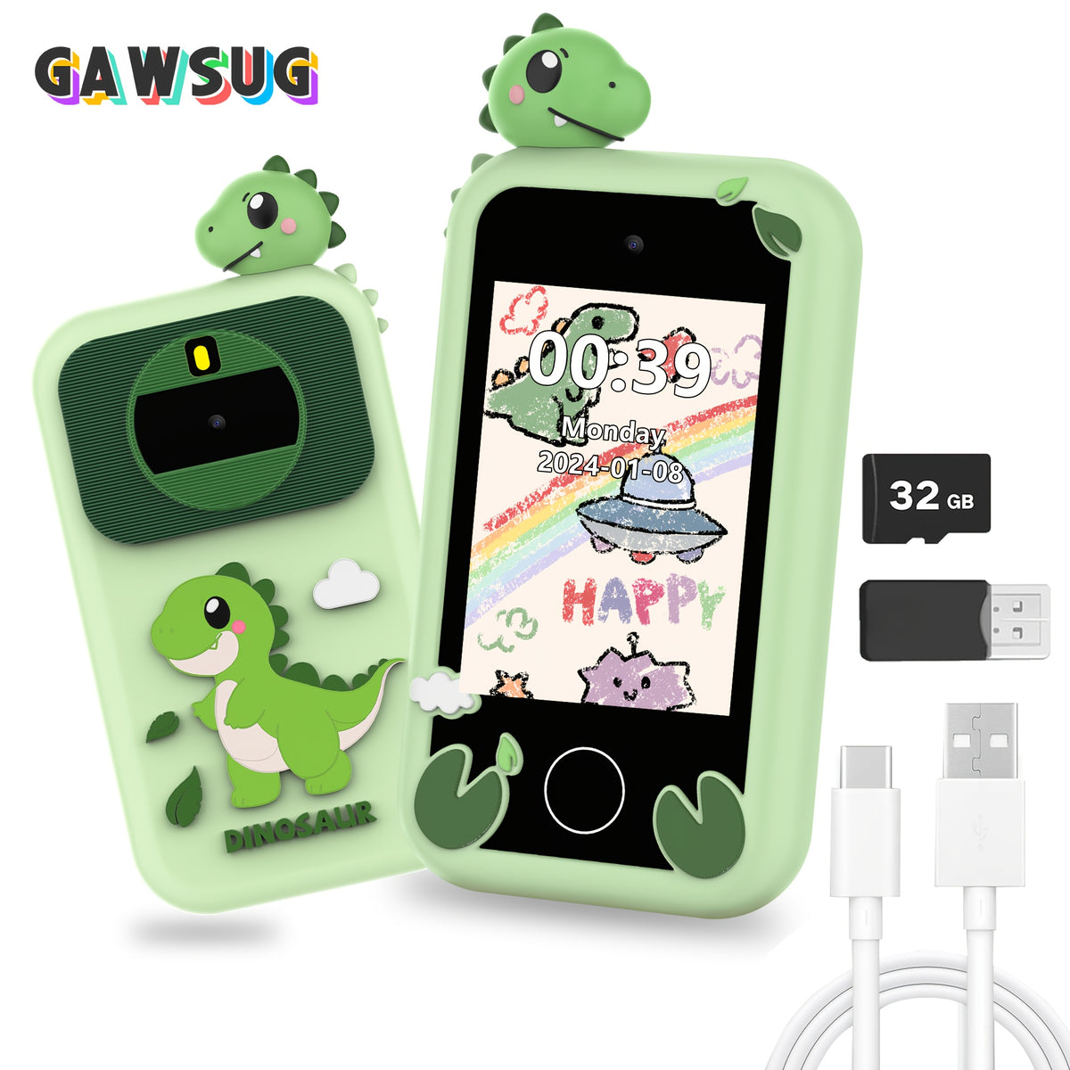 GAWSUG Dinosaur Kids Smart Phone Toy, HD Touchscreen, Dual Cameras