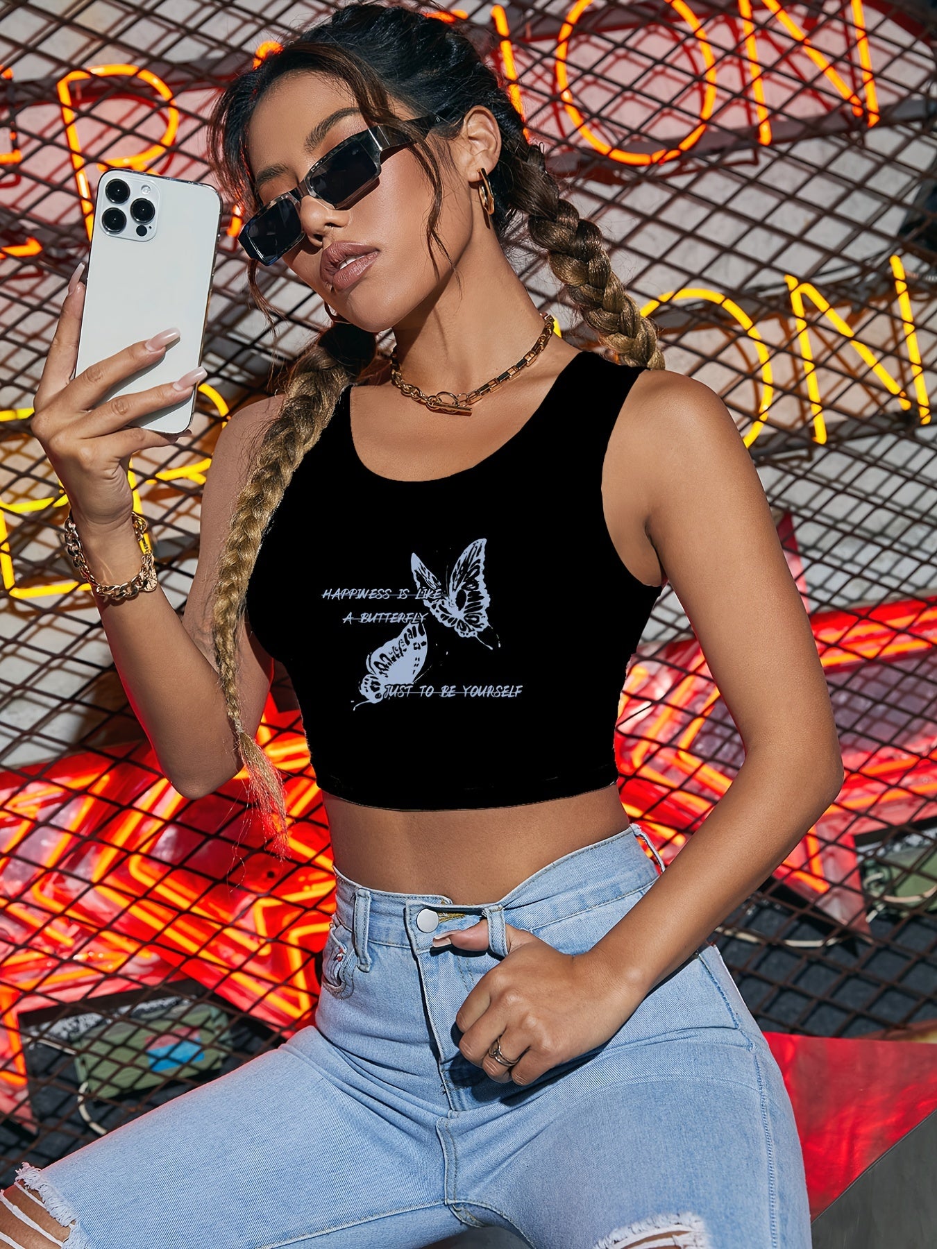 Butterfly Print Sleeveless Crop Top