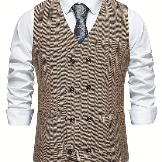 Classic Herringbone Double Breasted Men's Vest Wedding Retro Suit