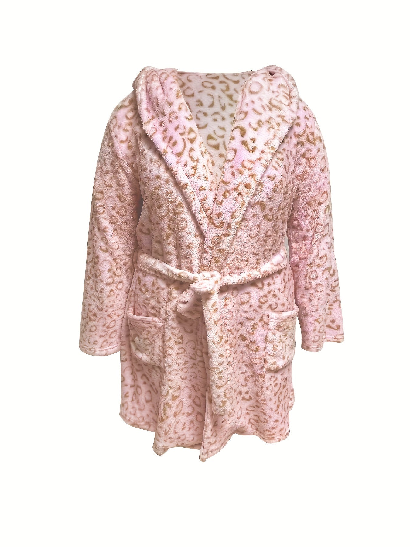  Leopard Pattern Hooded Flannel Robe with Pockets