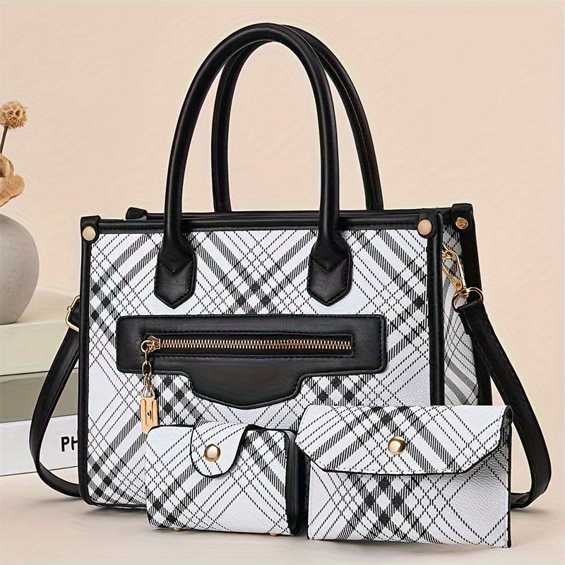 3pcs Classic Plaid Handbag Set Large Capacity Shoulder Bag