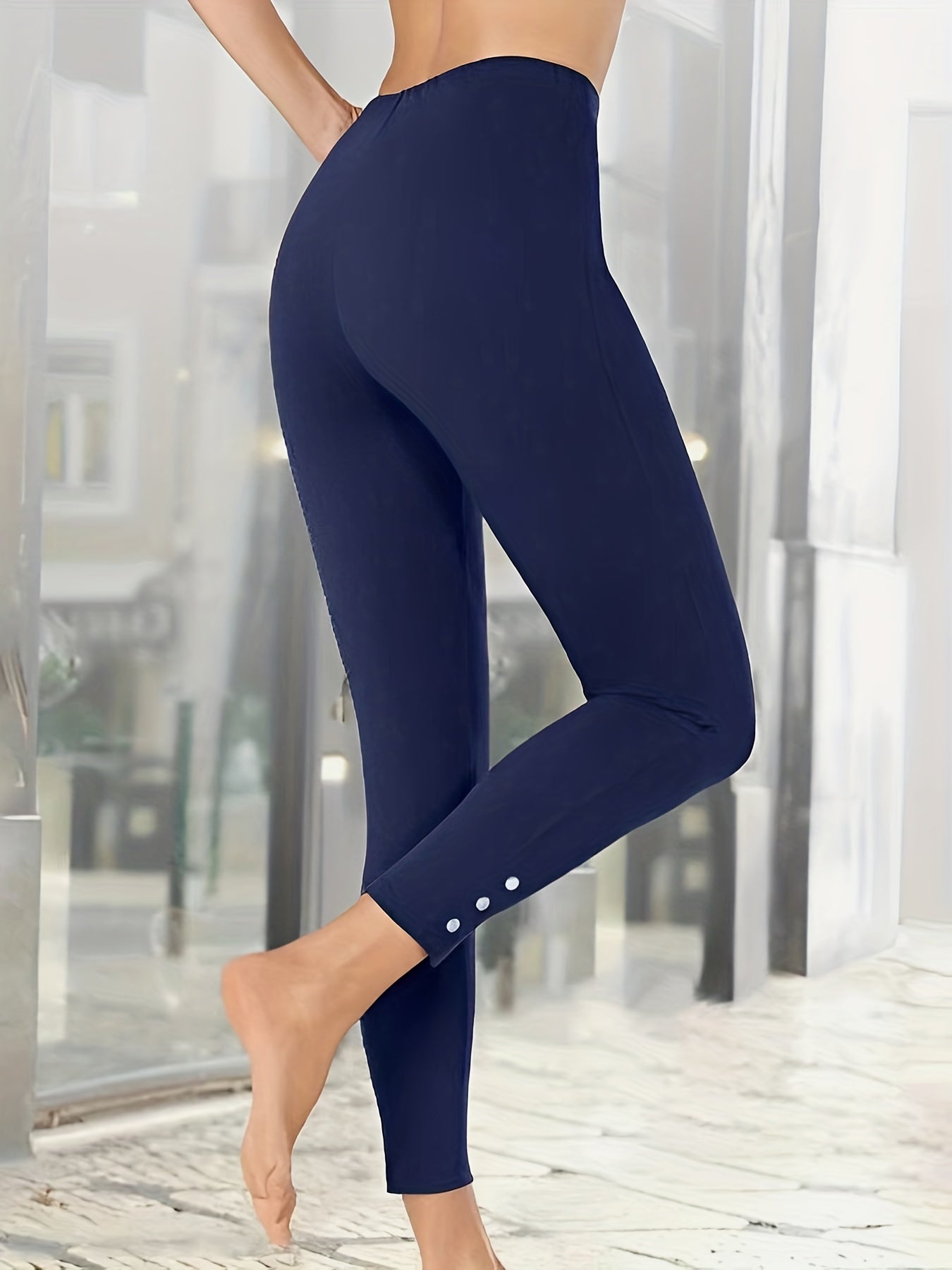  Solid Faux Pearl High Rise Fitness Leggings