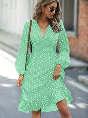 Polka Dot Ruffle Dress V Neck Long Sleeve Loose Fit Summer Women's Clothing