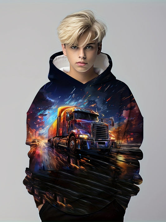 3D Truck Print Hoodie For Kids Casual Pullover Hooded Long Sleeve Top