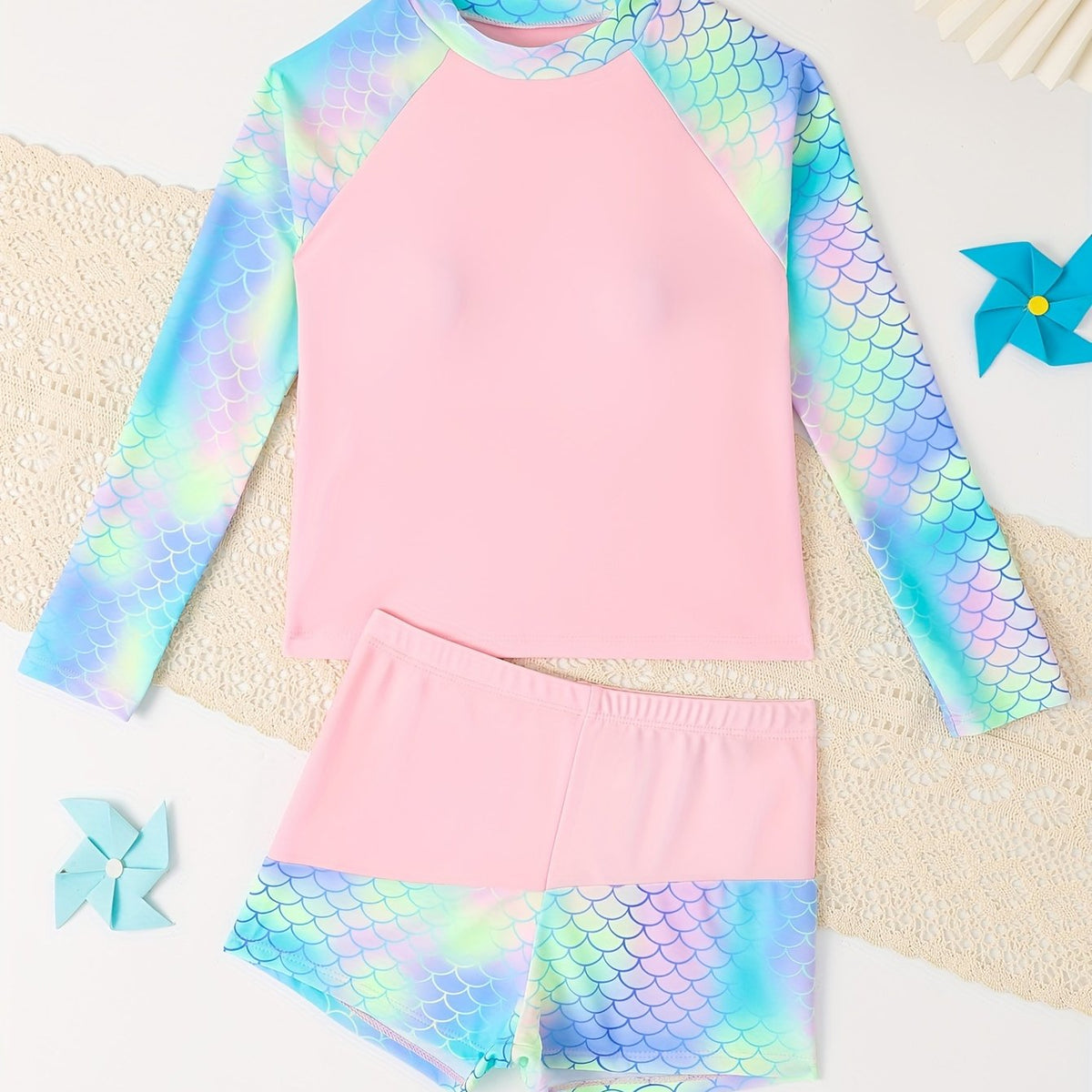 2pcs Girls Fish Scale Swimsuit Set Long Sleeve Top Shorts Summer Clothes