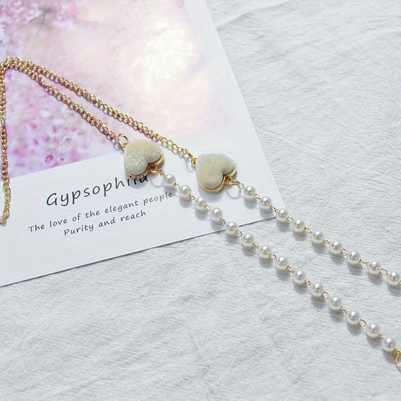 Velvet Double Heart Pendant Mask Chain with Faux Pearl Detail