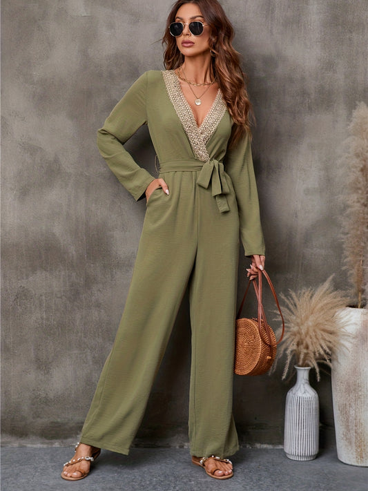 Lace V Neck Jumpsuit Long Sleeve Belted