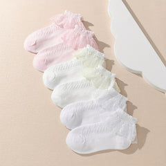 Girls Ruffle Lace Trim Ankle Cotton Socks, 4 Pairs