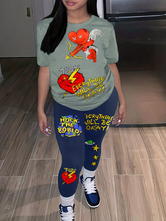  Casual Two Piece Set: Slogan Graphic Print Crop Top & Leggings Outfits