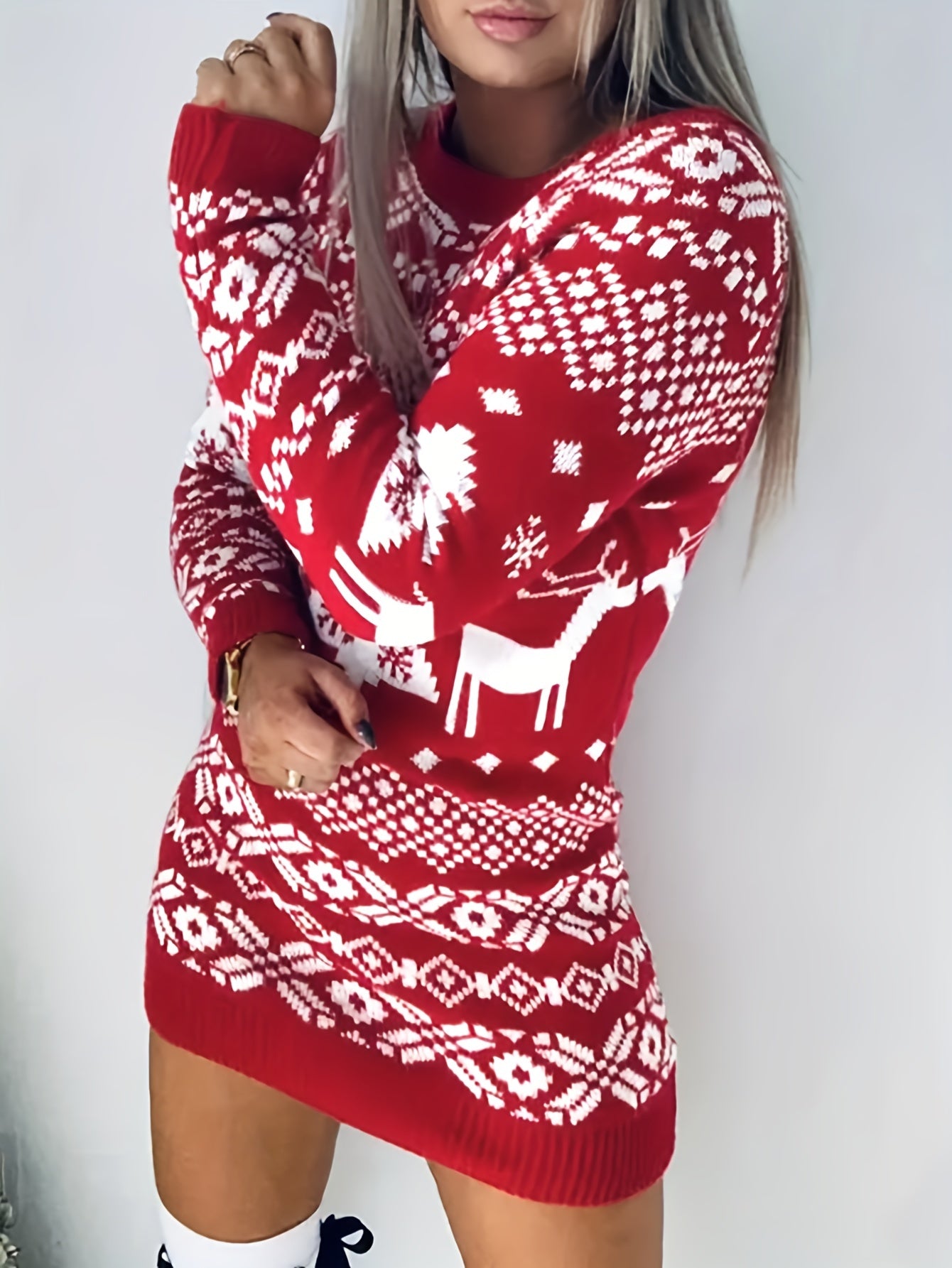  Christmas Sweater Dress Women's Plus Elk & Snowflake & Tree Pattern