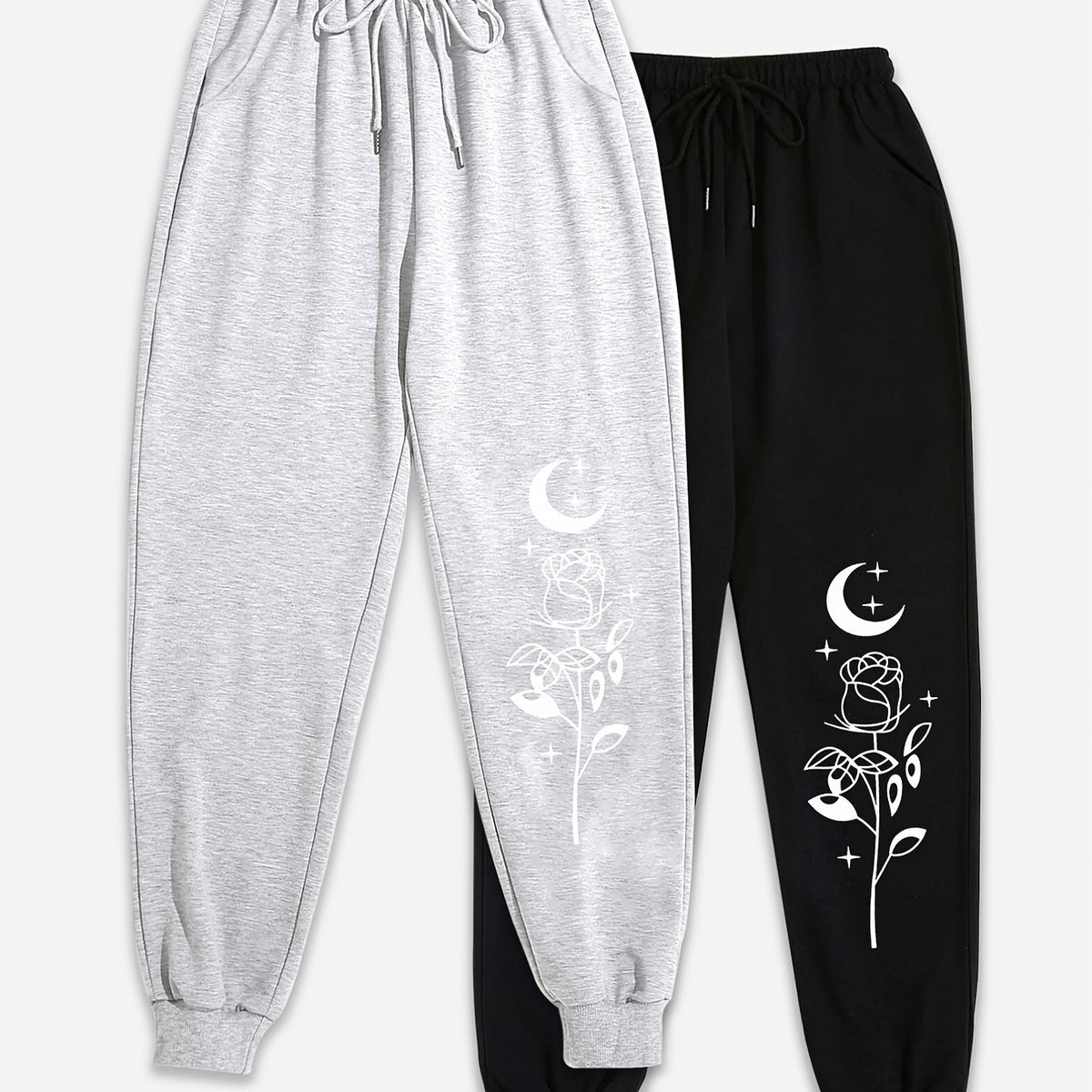 2 Pack Plus Size Sports Pants Women's Plus Floral & Moon Print