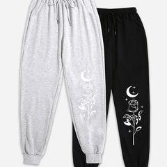 2 Pack Plus Size Sports Pants Women's Plus Floral & Moon Print