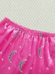 3pc Moon Pattern Satin Pajamas Set Comfy Lounge Wear