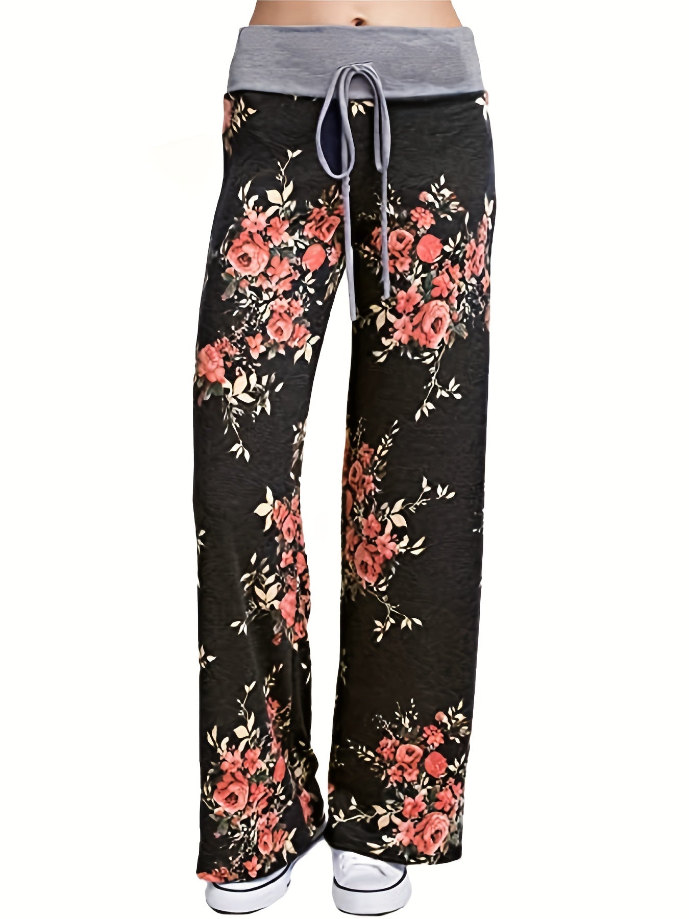  Floral Print High Rise Drawstring Loose Fit Pants