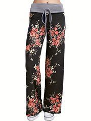  Floral Print High Rise Drawstring Loose Fit Pants
