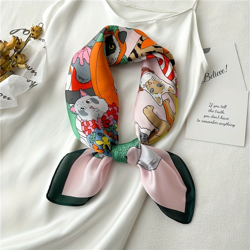 70 0cm Cat Cartoon Pattern Square Scarf Silk Feeling Headband For Women