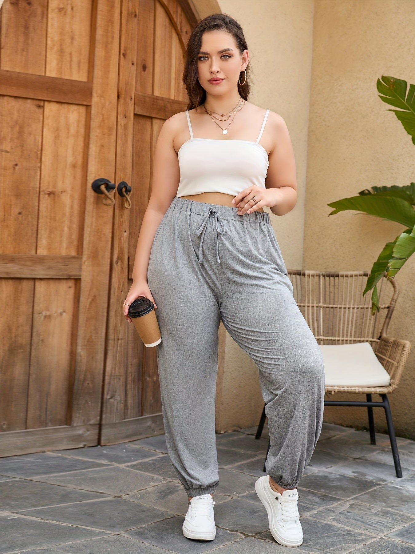 Sporty Plus Size Solid Elastic Waist Pants