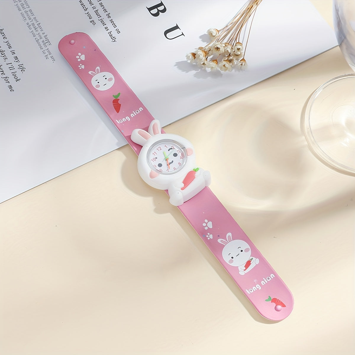 Girls Pink Rabbit Watch Set with Puff  Quartz