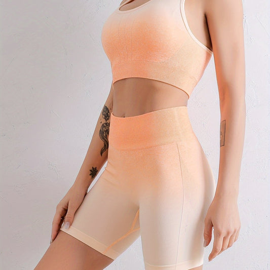 2 Pcs Gradient Yoga Clothing Suit Elastic Waist Sports Shorts Suit