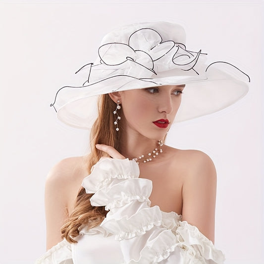Wide Brim Sun Hat Organza Bridal Wedding Hat 3D Flower Church Hat
