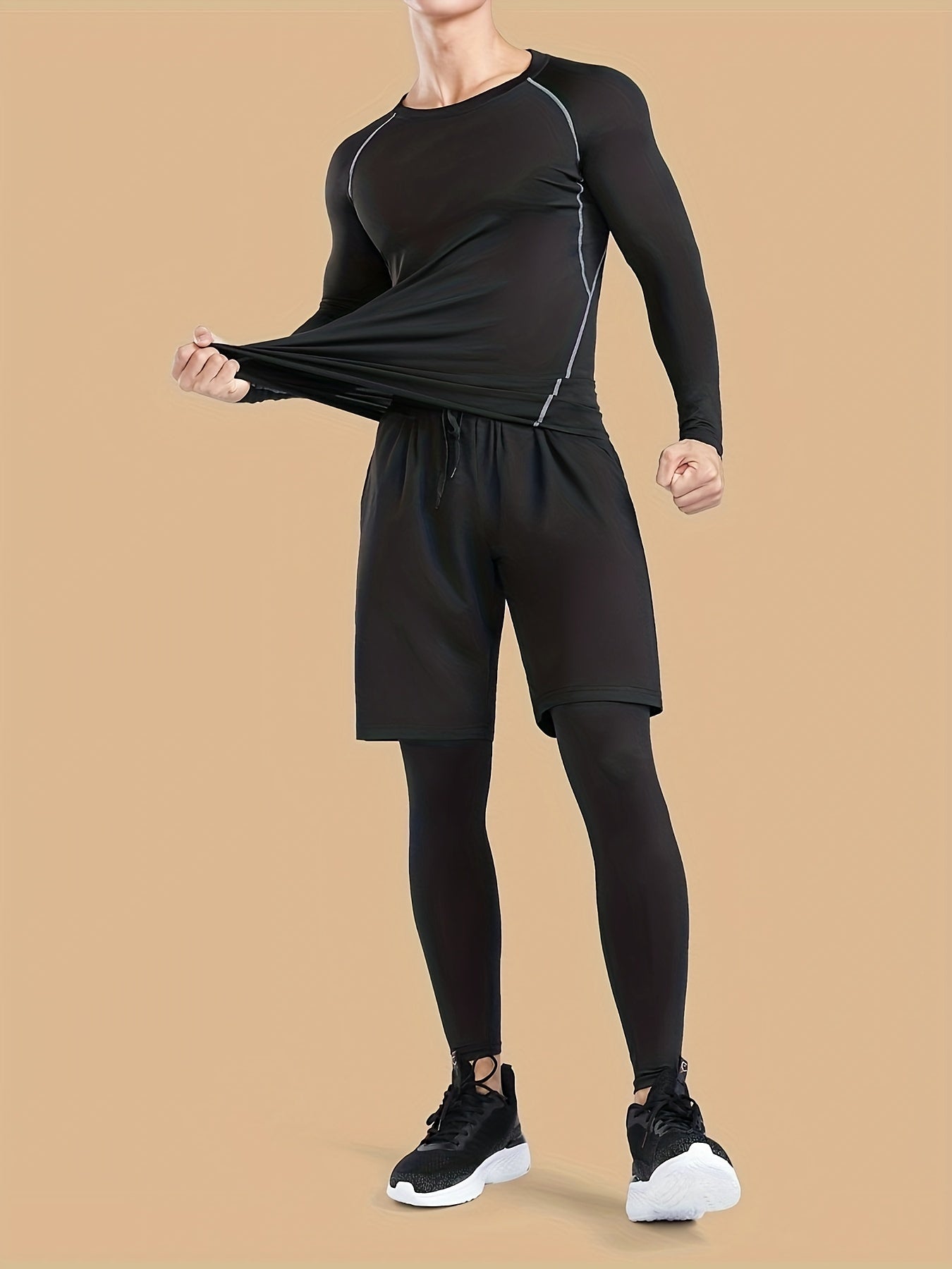 Men's Thermal Underwear Set Hooded Jacket T Shirt Shorts Leggings