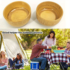 1pc Bamboo Wooden Bowl Safety Striped Bowl Outdoor Camping Picnic Tableware