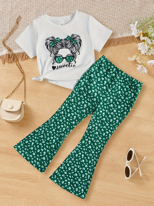 Girl's 2pcs T-shirt & Flared Pants Set Anime Sunglasses Girl SWEETIE Print