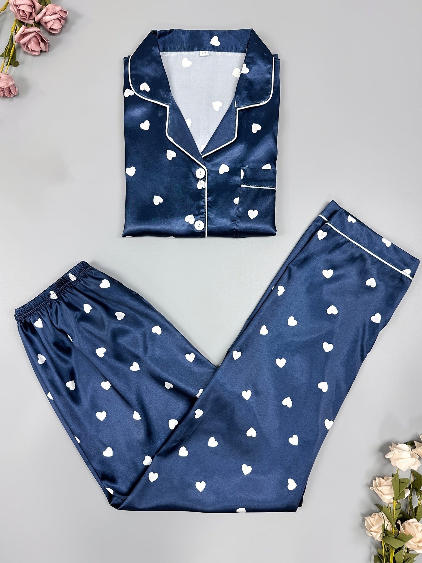 Heart Print Pajama Set Long Sleeve Buttons Top & Elastic Waistband Pants
