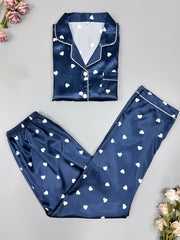 Heart Print Pajama Set Long Sleeve Buttons Top & Elastic Waistband Pants