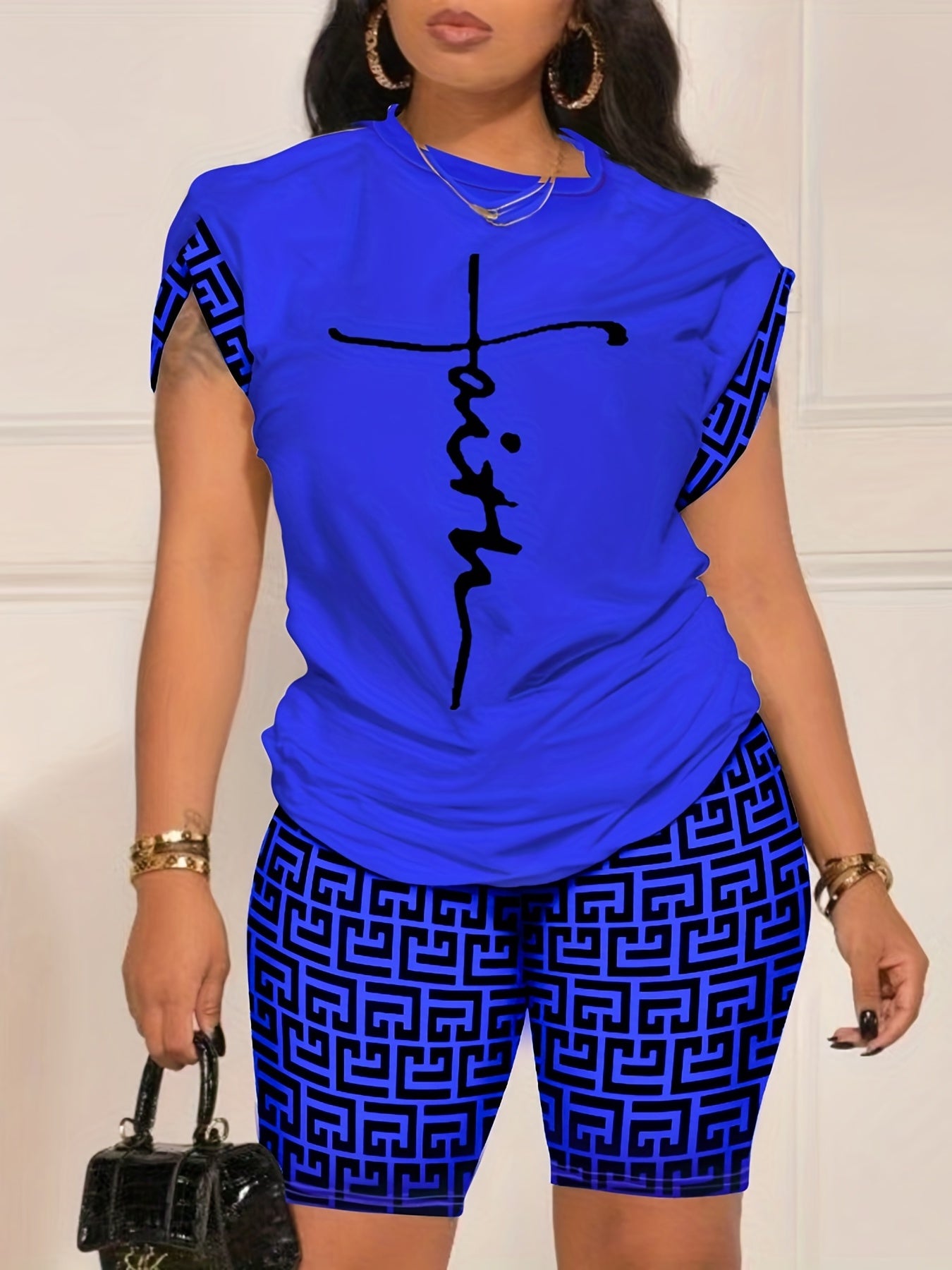 Geo Print Two piece Set Short Sleeve T shirt & Biker Shorts