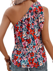 Floral Print One Shoulder Top Tie Strap Sleeveless Summer Blouse