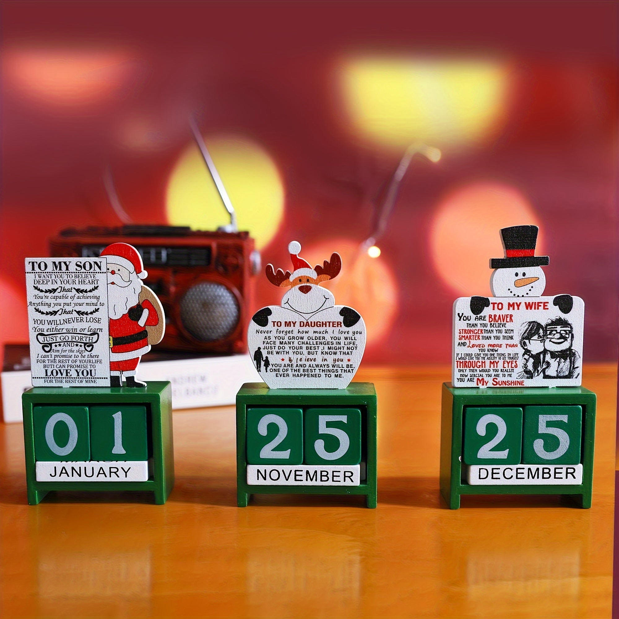 Wooden Block Desktop Calendar Christmas Decor Engraved Santa Reindeer Snowman