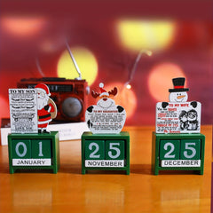 Wooden Block Desktop Calendar Christmas Decor Engraved Santa Reindeer Snowman