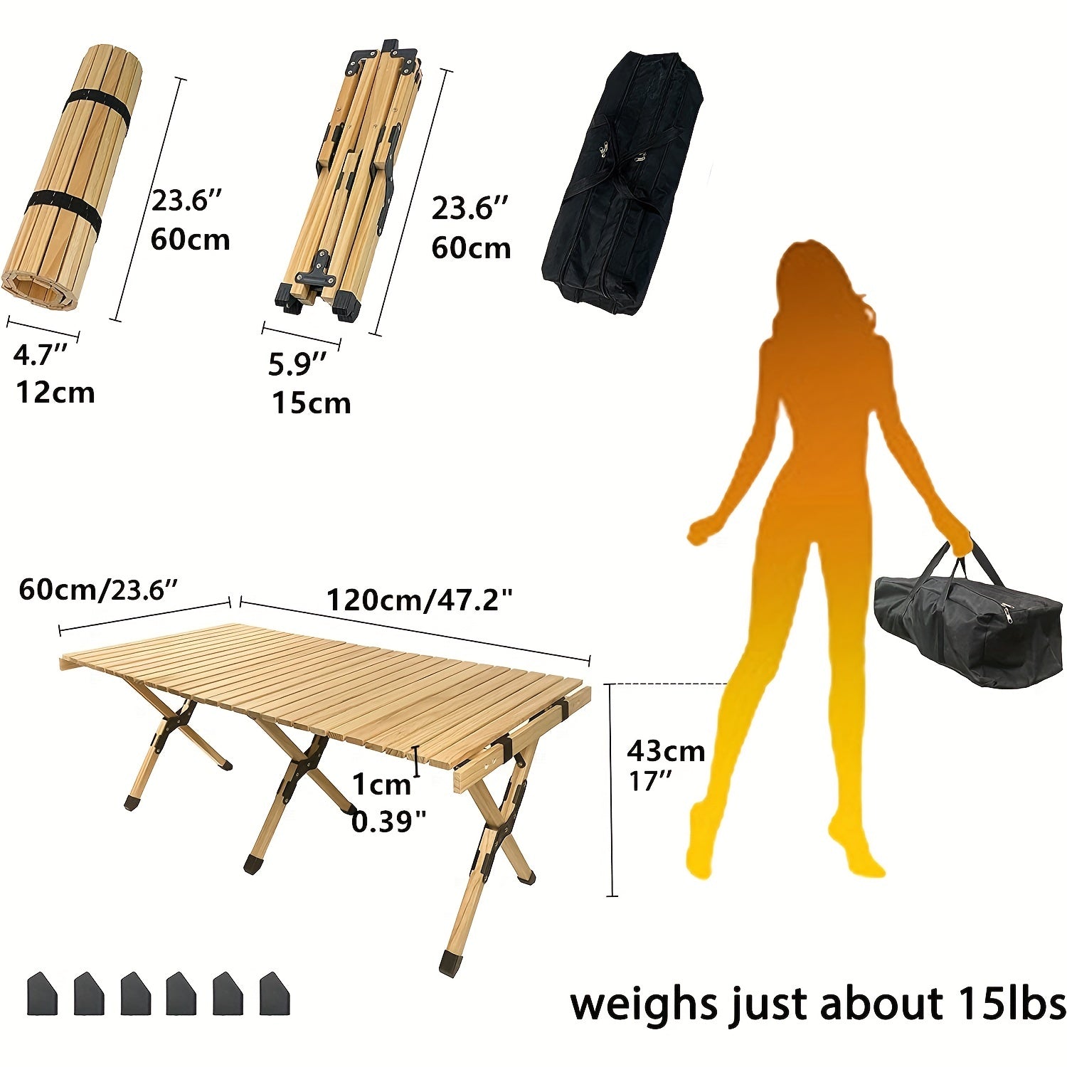 Portable Folding Wood Table Widened Solid Wood Tabletop for Camping BBQ Picnic