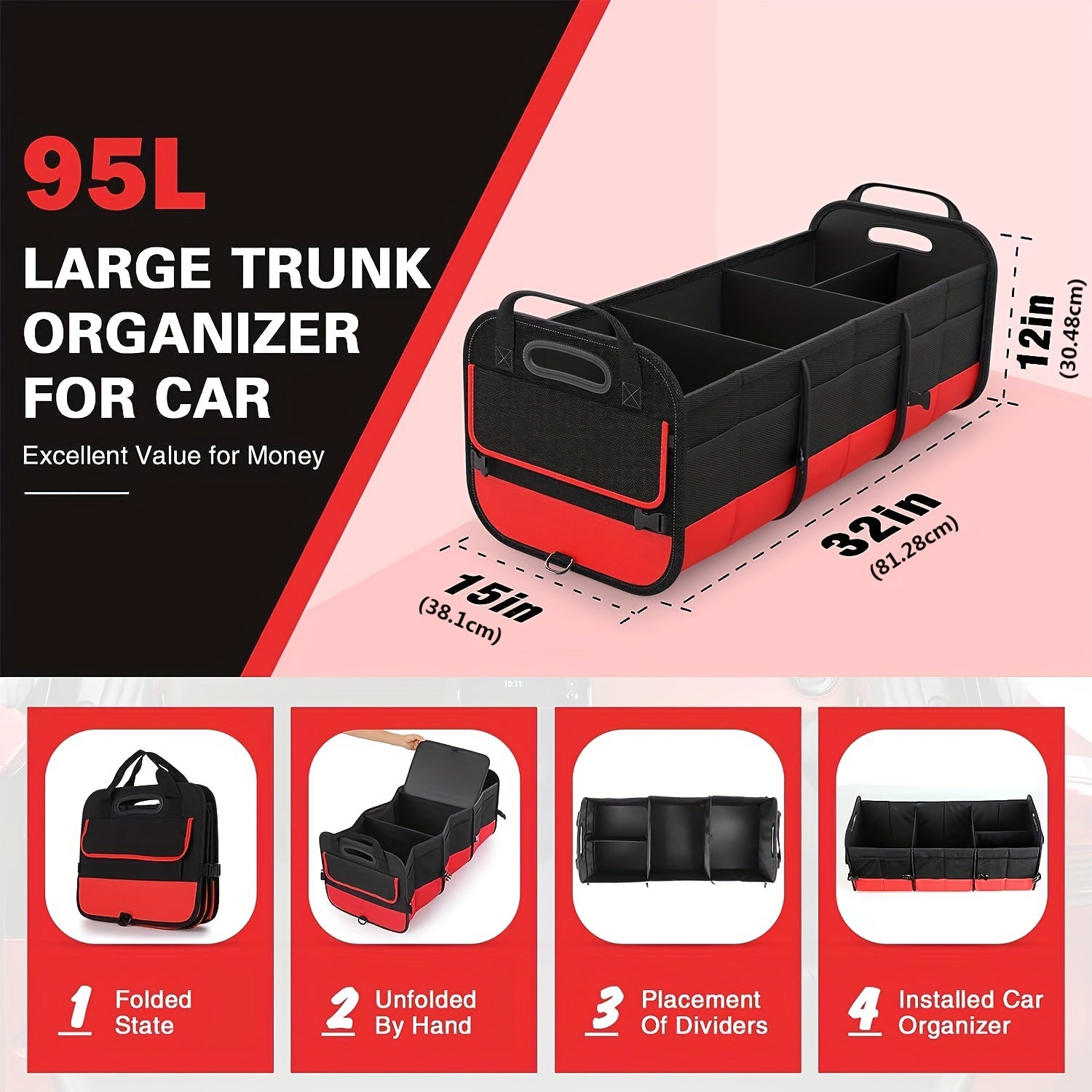 Large Trunk Organizer For Car Collapsible Compartment Car Trunk Organizer