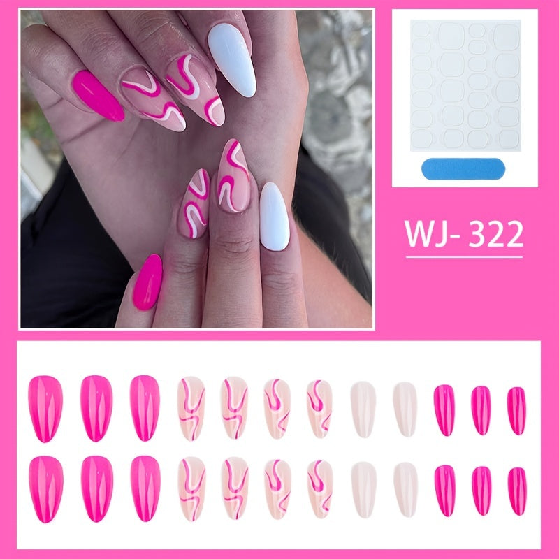 Hot Pink Press On Nails Medium Almond Stripe Reusable False Nails