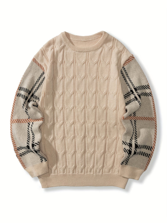 Vintage Check Sweater Men's Warm Crew Neck Pullover for Fall Winter