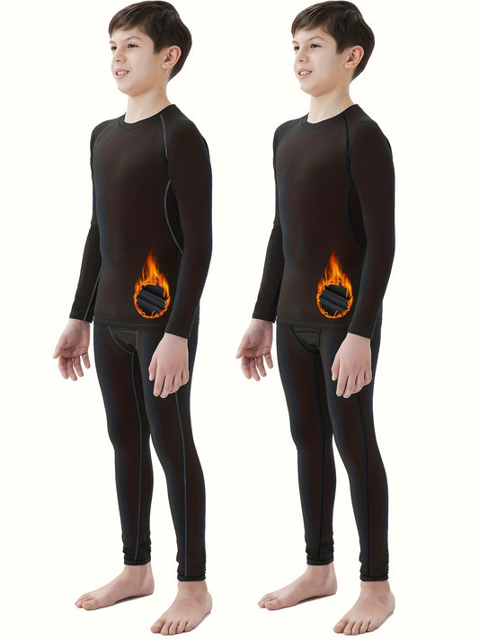 Youth Boys Thermal Underwear Set Fleece Lined Compression Shirt & Leggings