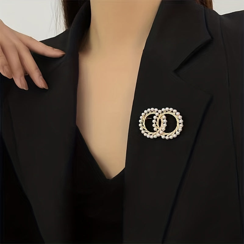 Vintage Double Rings Brooch with Faux Pearls