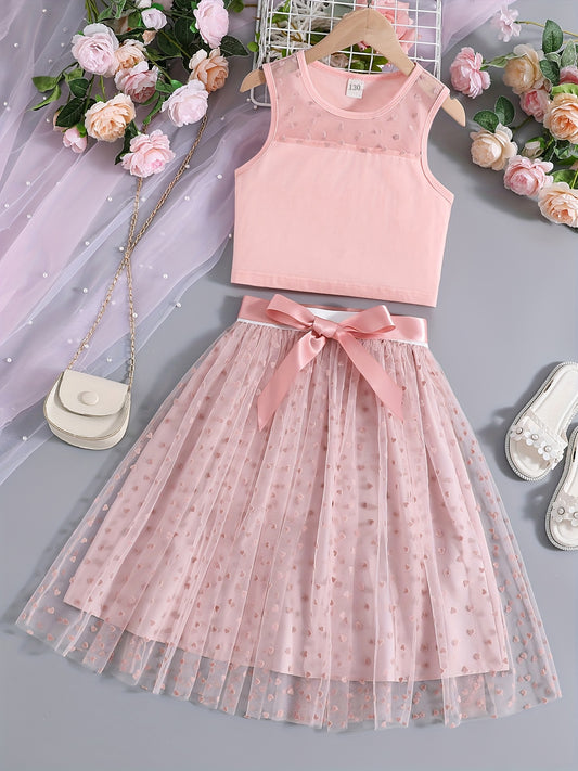 2pcs Girls Mesh Tank Top & Tutu Skirt Set Kids Summer Clothes