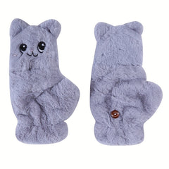 Plush Animal Gloves Flip Cover Cartoon Cat Gloves For Women