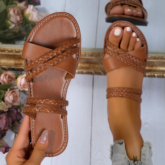 Women's Solid Braided Flat Sandals Slip On Cross Strap Lightweight Summer Shoes