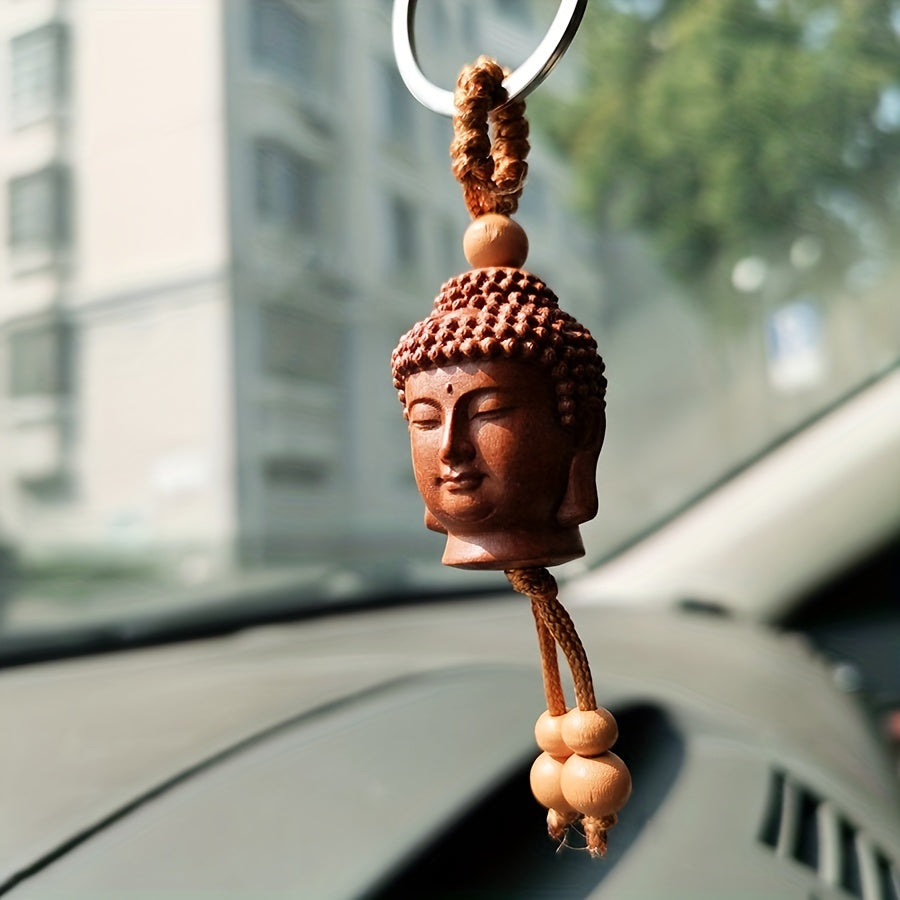 Peach Wood Buddha Head Key Chain Handicraft Carving Wooden Car Pendant
