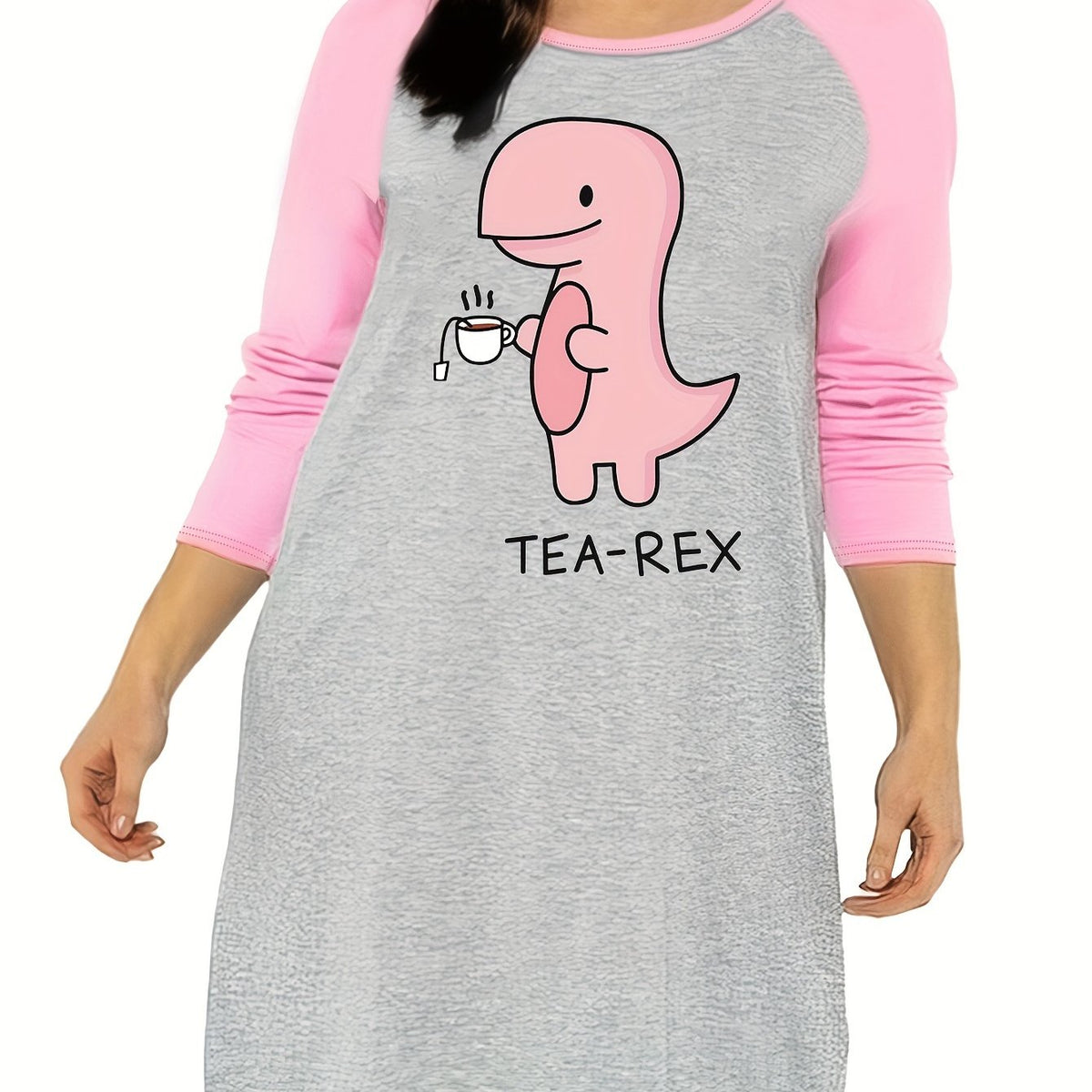  Women's Dinosaur Print Raglan Sleeve Round Neck Tee Sleep Dress