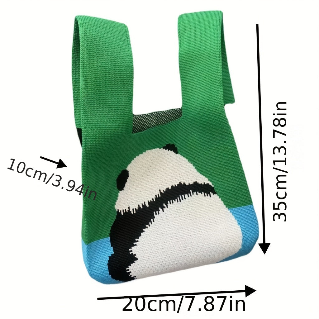 Knitted Panda Pattern Handbag Colorblock Satchel Bag
