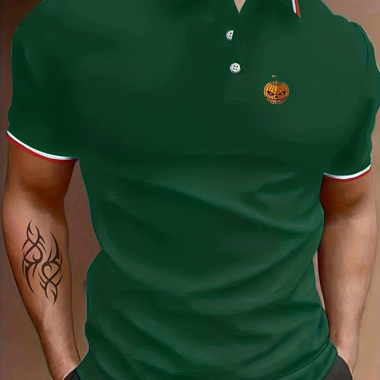 Men's Pumpkin Print Polo Shirt Casual Button Up Short Sleeve Shirt